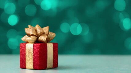 Small red glitter gift box with gold ribbon and bow rests on a surface against a teal bokeh background - Powered by Adobe