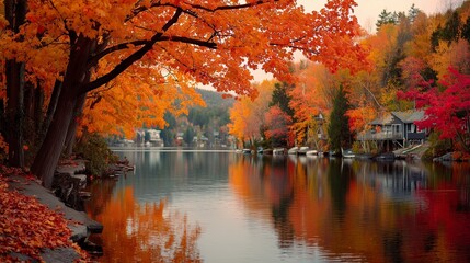 On a tranquil autumn day, the serene lake reflects the vibrant foliage of orange, red, and gold trees along its banks. A lone boy sits peacefully by the water, taking in the beauti