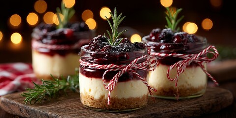 Mini jar cheesecakes topped with bright berries and sugared rosemary, tied with red twine, glow under soft holiday lights.