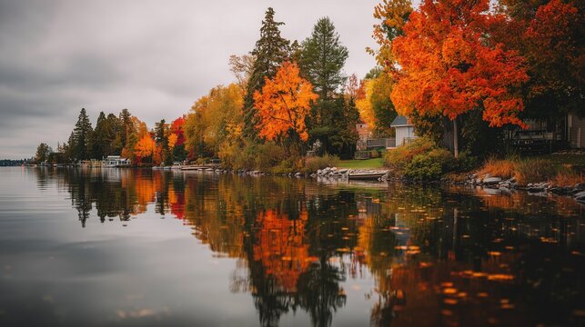 In a serene lakeside setting, vibrant autumn trees in shades of orange, red, and gold reflect beautifully on the calm water. The picturesque scene shows various houses and their vi - Powered by Adobe