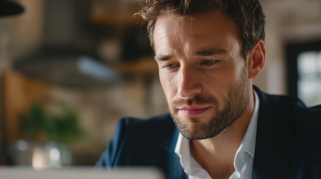 A focused man studies his laptop closely, contemplating his next move in a stylish kitchen. His serious expression reveals the man's dedication as he engages with the screen's cont