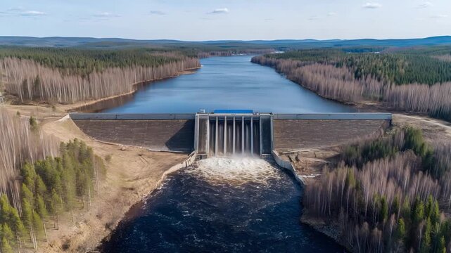 Aerial view of a large concrete hydroelectric dam releasing water into a turbulent downstream river surrounded by sparse