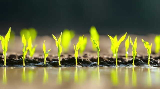 Row of vibrant green corn seedlings emerging from wet dark soil with water reflections