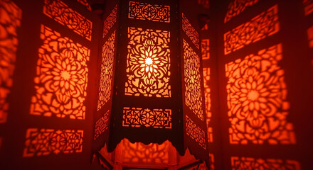 Intricate Moroccan Lantern Casting Warm Orange Glow with Decorative Patterns