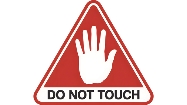 A red triangle symbol with a white hand and text reads do not touch.