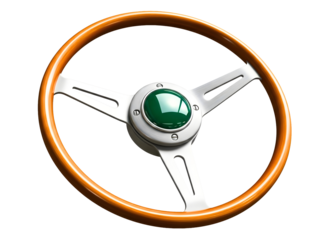Classic wooden steering wheel with green emblem isolated on transparent background