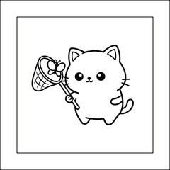 Bold and Easy Kawaii Cat Catching Butterfly Cozy Moment Coloring Page Vector | Cute Kitten with Net Outdoor Play Line Art