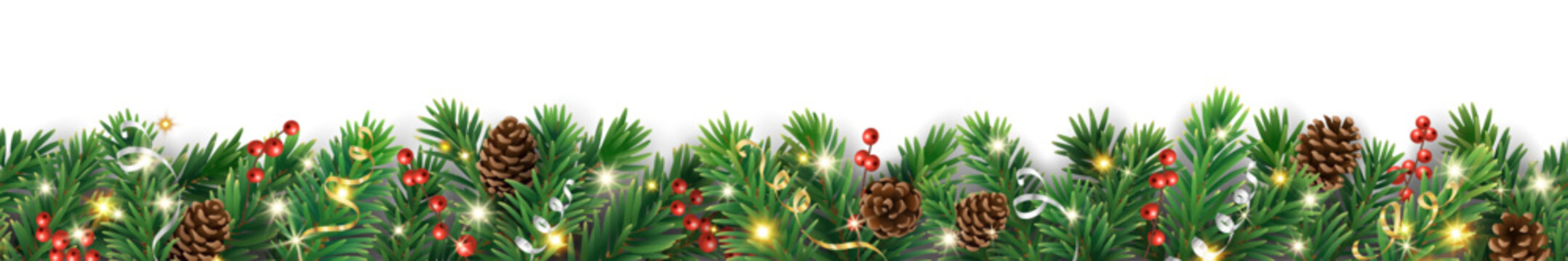 Seamless Christmas garland border with pine cones, berries, and glowing lights. Realistic festive evergreen design. Transparent background in vector file.