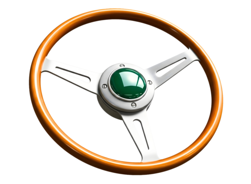 Classic wooden steering wheel with green emblem isolated on transparent background