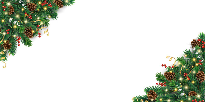 Christmas tree corner border with pine cones, red berries, and glowing ribbons. Elegant festive vector garland. Transparent background in vector file.