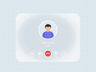 White light Glassmorphism board Video call screen with liquid glass frame. Messenger app call interface with mockup for web and tablet or pad. Sound, mic, video and message icons and avatar. 