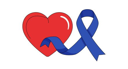 Red heart with blue awareness ribbon isolated on
