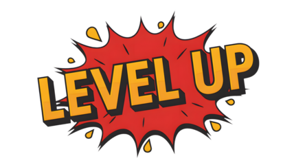 The words level up appear in a red splash on a black background.