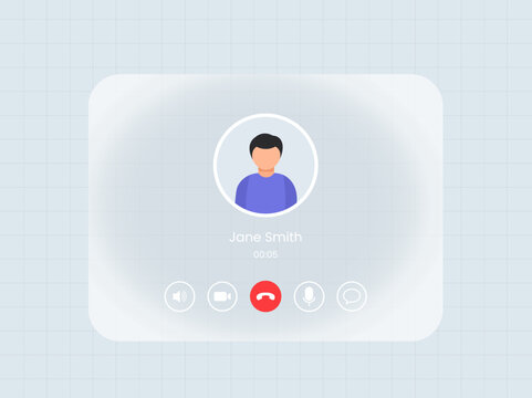 White light Glassmorphism board Video call screen with liquid glass frame. Messenger app call interface with mockup for web and tablet or pad. Sound, mic, video and message icons and avatar. 