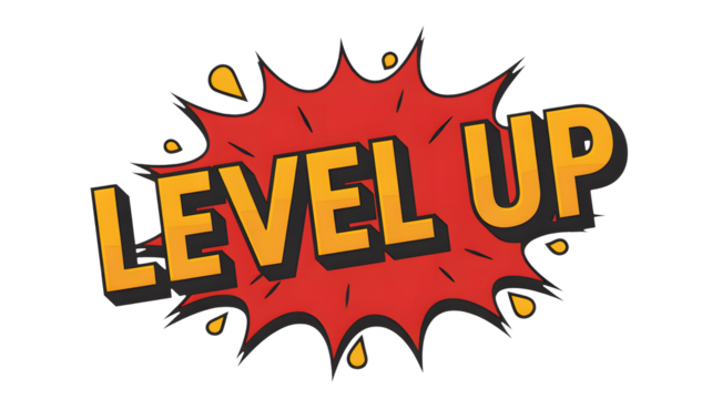 The words level up appear in a red splash on a black background.