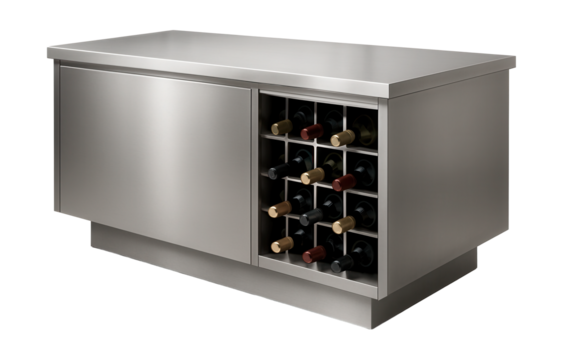 Stainless steel kitchen island with wine rack, perfect for entertaining in a modern space.