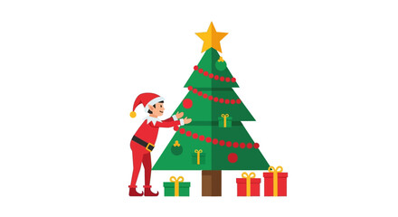 Cute elf decorating a christmas tree with gift box present isolated on