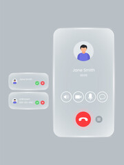 White light Glassmorphism board Video call screen with liquid glass frame. Messenger app call interface with mockup for web and tablet or pad. Sound, mic, video and message icons and avatar. 