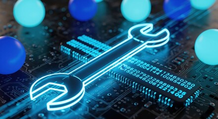 Digital wrench icon glowing blue on a microchip with numeric code, symbolizing system maintenance
