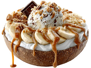 Indulge in a creamy banana split sundae served in a coconut shell, adorned with chocolate, nuts, and caramel drizzle for a tropical dessert experience