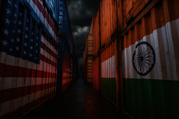 US flag and India flag painted on shipping container facing each other in stormy port corridor conveying trade tension and rivalry