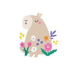 Adorable Capybara Floral Illustration. Bright Vector Art for Kids