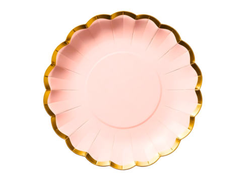 Elegant pink scalloped edge paper plate with gold trim isolated on transparent background