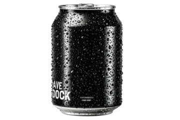 Refreshing black can glistening with cool condensation, perfect for beverage ads and summer promotions, quench your thirst with this sleek drink