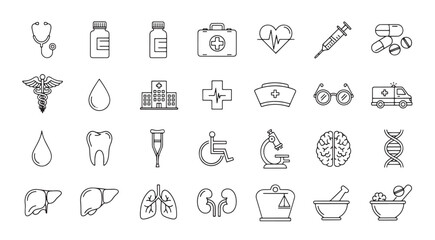 Collection of medical icons depicting healthcare medicine and related health services