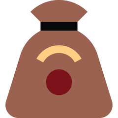 A Stylized Icon of a Brown Drawstring Bag with a Red Circle and Yellow Arc Detail on a Transparent Background