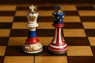 Russian themed king and American themed king chess pieces on wooden chessboard, symbolic rivalry and political contrast