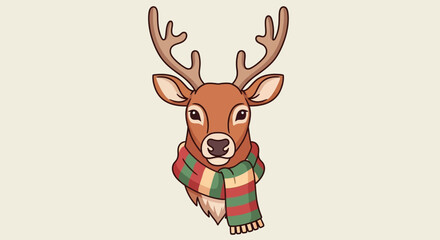Cute cartoon reindeer head wearing a colorful striped winter scarf