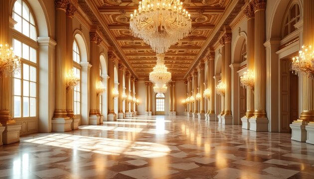 Luxurious grand ballroom interior with marble floor columns, crystal chandeliers. Ornate decorations on ceiling, walls. Large arched windows let in natural light. Elegant empty space for events,