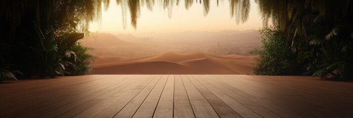 Serene desert landscape with wooden deck at sunset