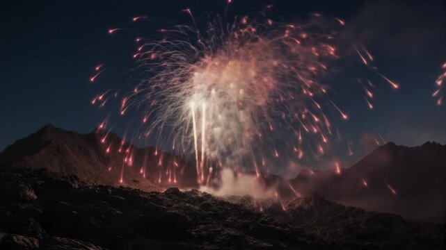 Spectacular fireworks display over rugged mountains, creating mesmerizing patterns