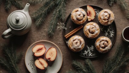 Cozy overhead shot of a winter scene rolls, fruit, tea, and greenery on a textured surface