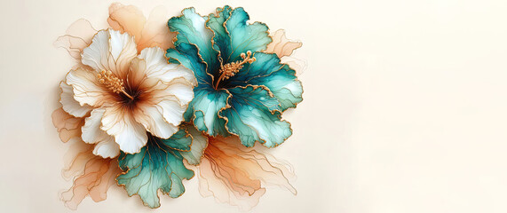 Fototapeta premium White and teal hibiscus banner, gold lines, fluid blooms, soft edges, caramel-turquoise, glossy, botanical, copyspace for texts