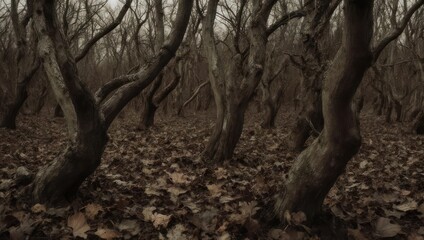 Dark forest with leafless trees and fallen foliage, creating a moody, monochrome scene