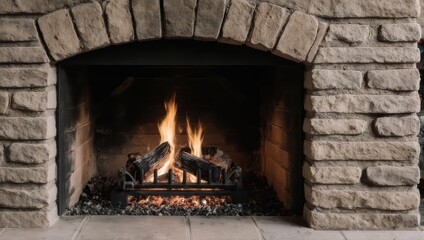 Cozy Stone Fireplace with Burning Logs and Warm Flames.