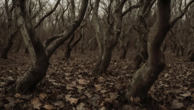 Dark forest with leafless trees and fallen foliage, creating a moody, monochrome scene