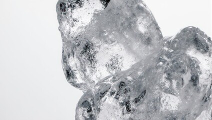 Close-up of clear ice cubes against a white background.
