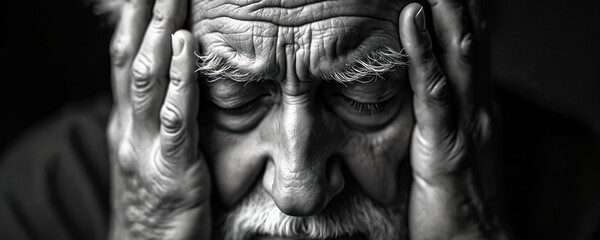 Close up of elderly man covering his eyes with hands. Senior shows emotional stress. Man expressing sadness. Old person feels grief, frustration. Crisis, mental health concepts. Wrinkles visible.