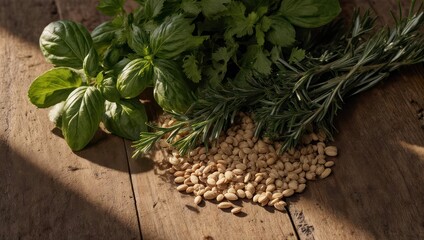 Close-up of fresh herbs (basil, cilantro, rosemary) and pine nuts on a wooden surface