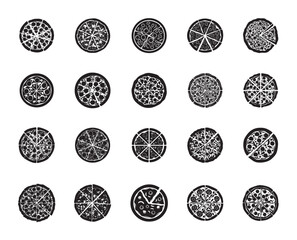 Collection of Twenty Black and White Pizza Illustrations with Various Toppings