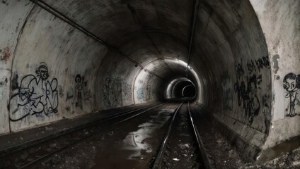 Dark, aged tunnel with graffiti, rails, and vanishing point perspective. Gloomy, gritty
