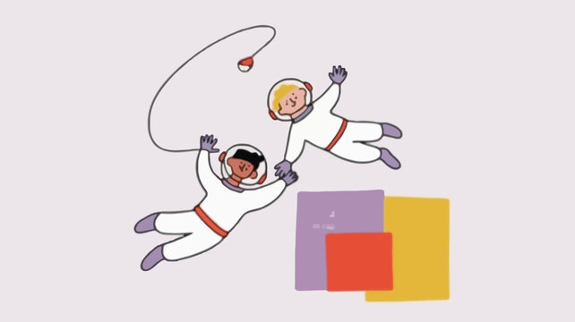 A dynamic banner design featuring a team of three astronauts connected by a vibrant energy beam set against a cosmic backdrop perfect for science fiction promotions or space exploration themes