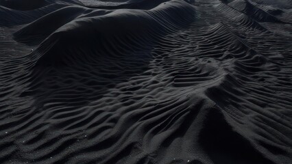 Close-up of rippled dark sand formations, with varying wave-like ridges and soft shadows