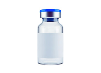 Clear glass medical vial with blue cap and silver seal isolated on transparent background