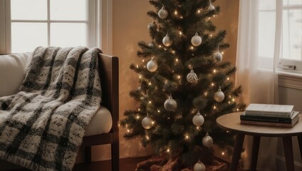 Cozy indoor scene features a decorated Christmas tree, sofa, and a side table by a window
