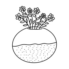 Hand drawn minimalist flowers in a round vase doodle. Black and White botanical clipart. Floral arrangement in geometric vase